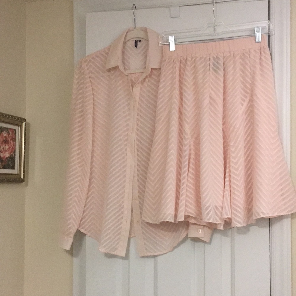 Sheer pink blouse skirt set, Small.